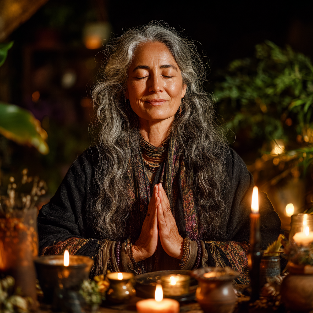Mujer de 52 años en meditación profunda con mudra de sabiduría, rodeada de velas aromáticas y plantas en ambiente sereno