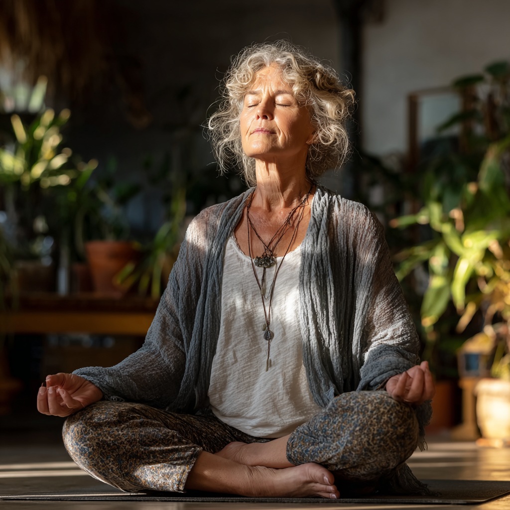 Mujer de 55 años en postura de loto, practicando yoga matutino en un estudio luminoso con plantas
