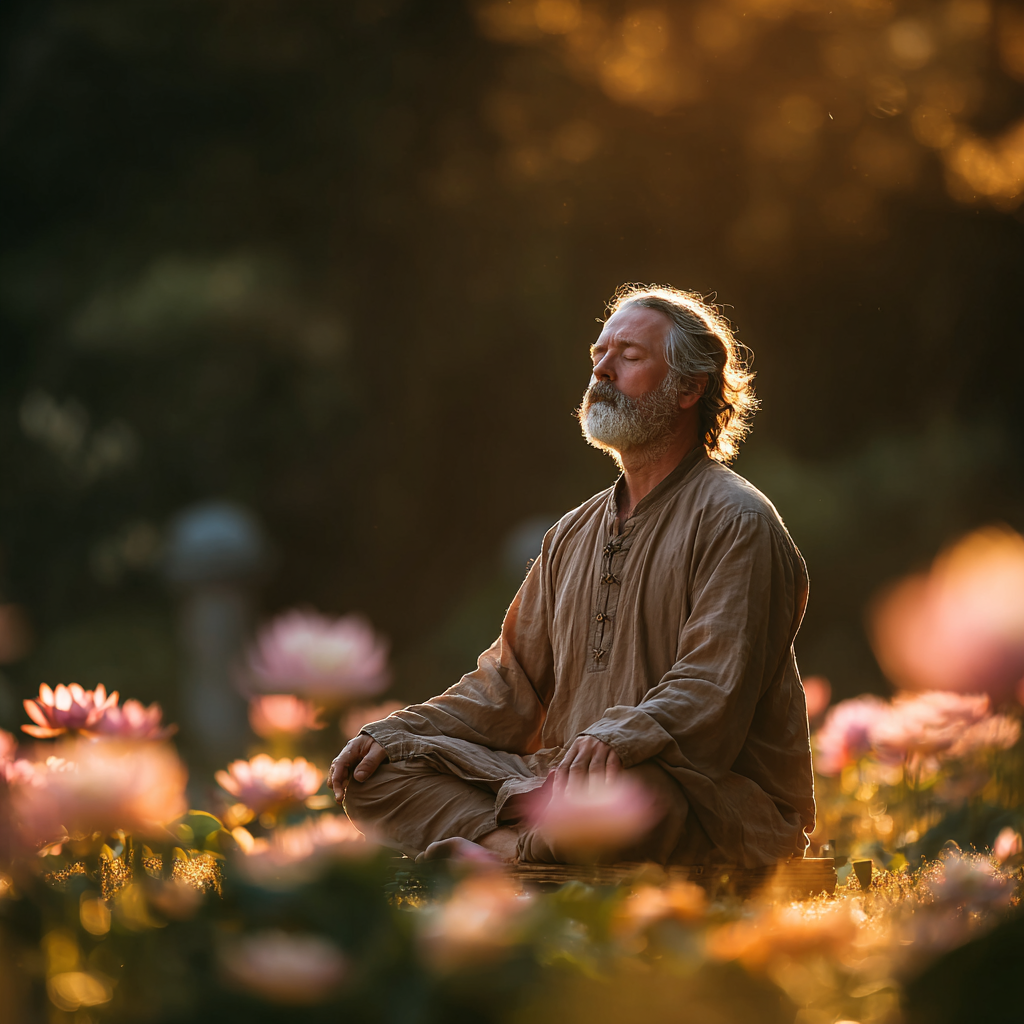 Hombre de 58 años meditando en posición de loto al amanecer en un jardín zen con flores de loto